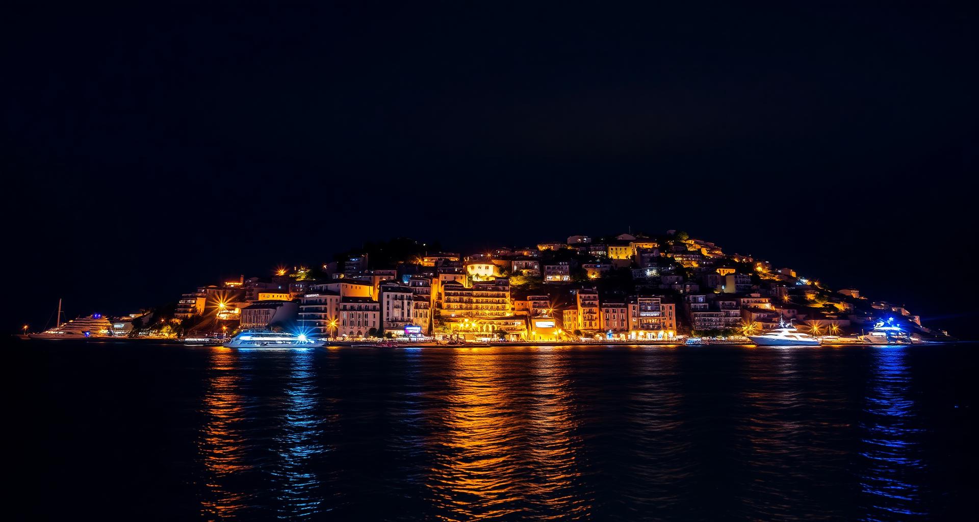 Mediterranean coastal city at night
